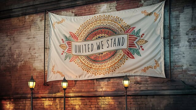 Banner on brick wall with lamps