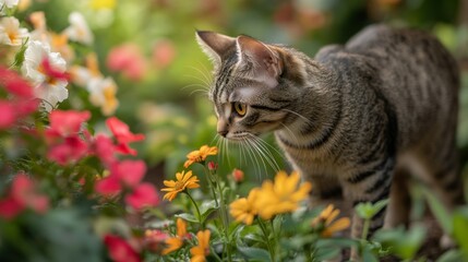 Naklejka premium A curious cat exploring a vibrant garden filled with colorful flowers.