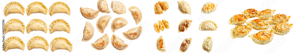 Poster The white background is a background with dime-sized dumplings with fried onions. There are four types of dumplings, varenyky, vareniki, pierogi, and pyrohy with filling. Clipping path is included.