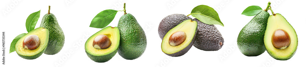 Poster an avocado with leaves isolated on a transparent background (.)