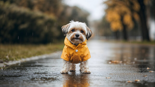 Small dog in yellow raincoat standing on wet street in autumn