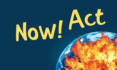 urgent call to action for climate change with burning earth globe graphic.