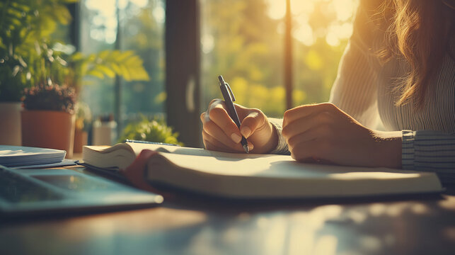 Businesswoman writing in a notebook with a pen at a wooden table near a window with sunlight streaming in