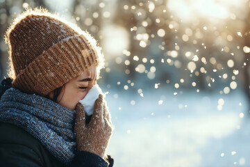 Woman sneezing in winter outdoors with snowflakes falling
