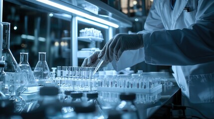 Medical research scientist working with pipette analyzing liquid samples in modern laboratory