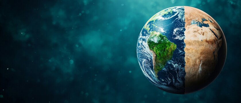 climate change earth illustration, desolate land, environmental crisis, global warming, save our planet.