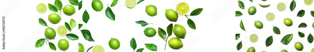 Poster an isolated top view of a lime fruit with a green leaf and a half-sliced slice on white background.