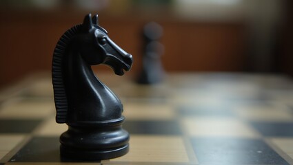 Black knight chess piece in sharp focus on board surrounding squares blurred High resolution