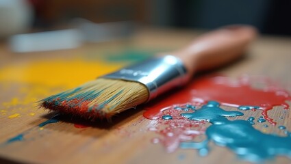 Obraz premium Colorful paintbrush on weathered table bristles worn