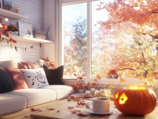 A cozy living room filled with Halloween decorations a family sitting on the couch with hot cocoa