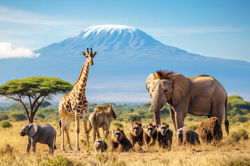 A vibrant scene of wildlife with a giraffe, elephants, and baboons against a mountain backdrop.