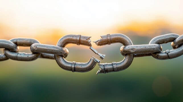 broken chain link symbol of weakness vulnerability and failure with sunset background