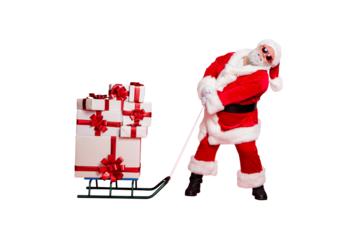 Fulll length photo of tired santa claus pulling his sledge with packages gifts on midnight wearing eyeglasses eyewear belt isolated over red background