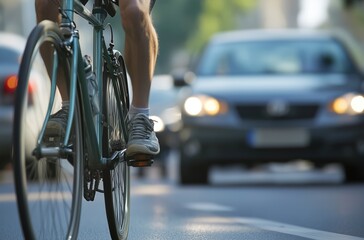 Naklejka premium Cyclist Navigating Busy City Streets