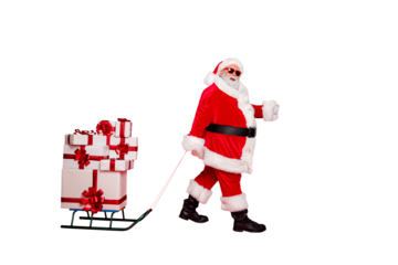 Full length body size view of generous kind funky fat overweight plump gray-haired bearded man carrying many pile stack cool purchases winter tradition isolated over bright vivid shine red background