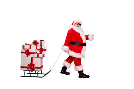 Full length body size view of generous kind funky fat overweight plump gray-haired bearded man carrying many pile stack cool purchases winter tradition isolated over bright vivid shine red background