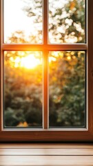 warm sunset light through window pane with wooden sill and blurred greenery landscape.