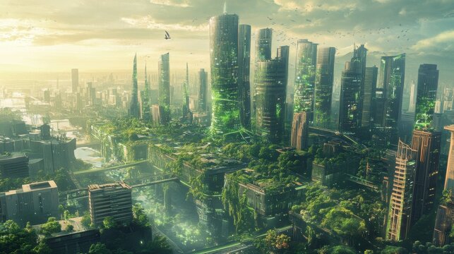 A utopian future where science has solved environmental issues, with green cities and clean energy.