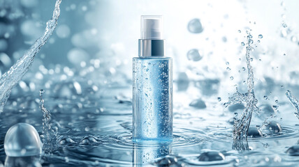 A bottle of cosmetic spray standing on water with splashes, a mockup for cosmetic product advertising