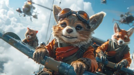 Cartoon Animal Pilots Flying Funny Air Transports: Bear on Balloon, Fox & Hare in Helicopter, Frog Driving Plane - Vector Sky Vehicles Set