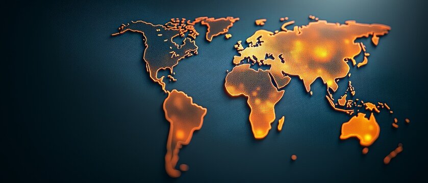 Fototapeta 3d world map with glowing continents and network lines - global connectivity and communication concept.