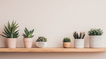 Obraz premium Row of small potted plants and a pen holder on a rustic wooden desk, evoking a relaxed, creative workspace feel.