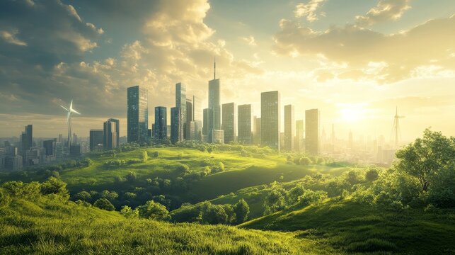 A utopian future where science has solved environmental issues, with green cities and clean energy.