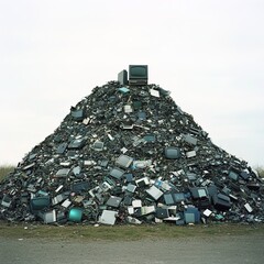 A large pile of electronic waste, mostly old televisions, is piled high, creating a mountain of discarded technology.