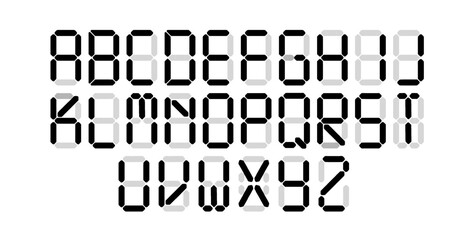 Digital display font isolated. Electronic alphabet, retro symbols for Scoreboard Digits. Calculator digital text PNG