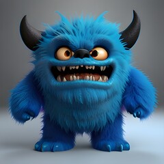 3d scary furry re3d beast cartoon character posing isolate3d on blue backgroun3d fluffy plush toy man wearing halloween costume of a hairy monster