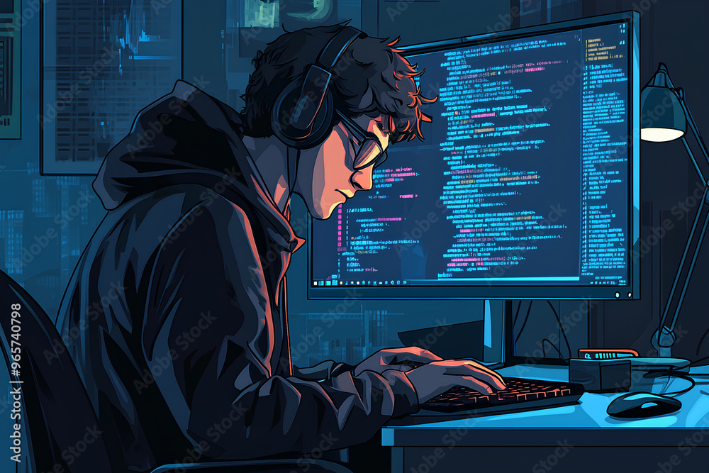 Poster a focused individual coding at a computer in a dimly lit room.