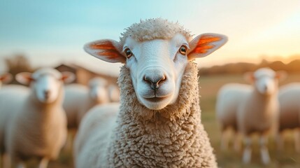Obraz premium Close-up of a sheep with a flock of sheep in the background.