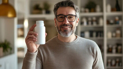 A middle-aged man is holding  a white supplement bottle