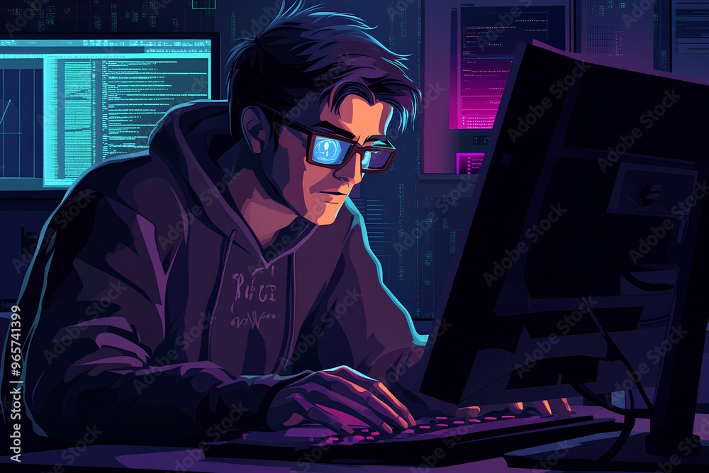 Poster a person focused on coding at a computer in a dimly lit room with digital displays.