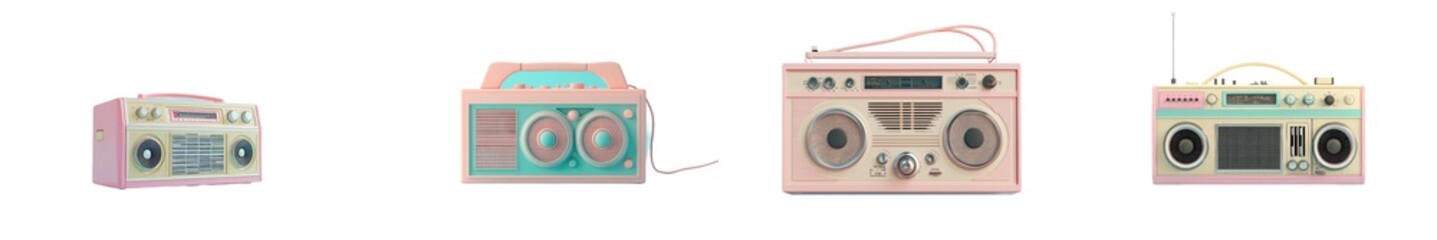 Fototapeta premium Stock of vintage cream and pink boom boxes on a table.