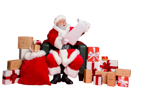 Amazed overwhelmed funky fat overweight plump gray-haired bearded man sitting in chair post office delivery reading wish list letter isolated over bright vivid shine red background