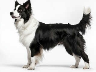 Beautiful border collie dog standing and looking away on white background