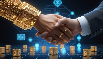 Businessman shakes hands with partner on computer screen, digital handshake for global network connection