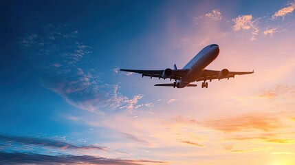 Airplane flying high in the sky at sunset.