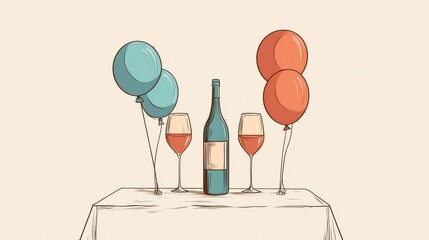 A festive party table is elegantly arranged with colorful balloons, a bottle of wine, and wine glasses, perfect for a celebration
