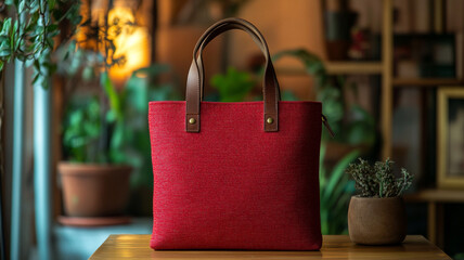 A red tote bag with brown leather handles is placed on the table