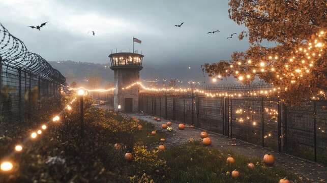 A creepy old prison decorated with pumpkins eerie lights flickering in the guard towers