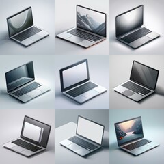 Multiple silver laptops with different screen content in various positions against a light grey background.