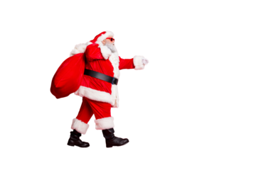 Full length body size profile side view of confident serious fat overweight plump gray-haired bearded man piggy backing bag fairy going to children home isolated over bright vivid shine red background