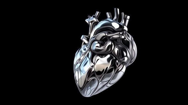 Metallic chrome human heart rotate around in sleek design with reflective surface on dark background