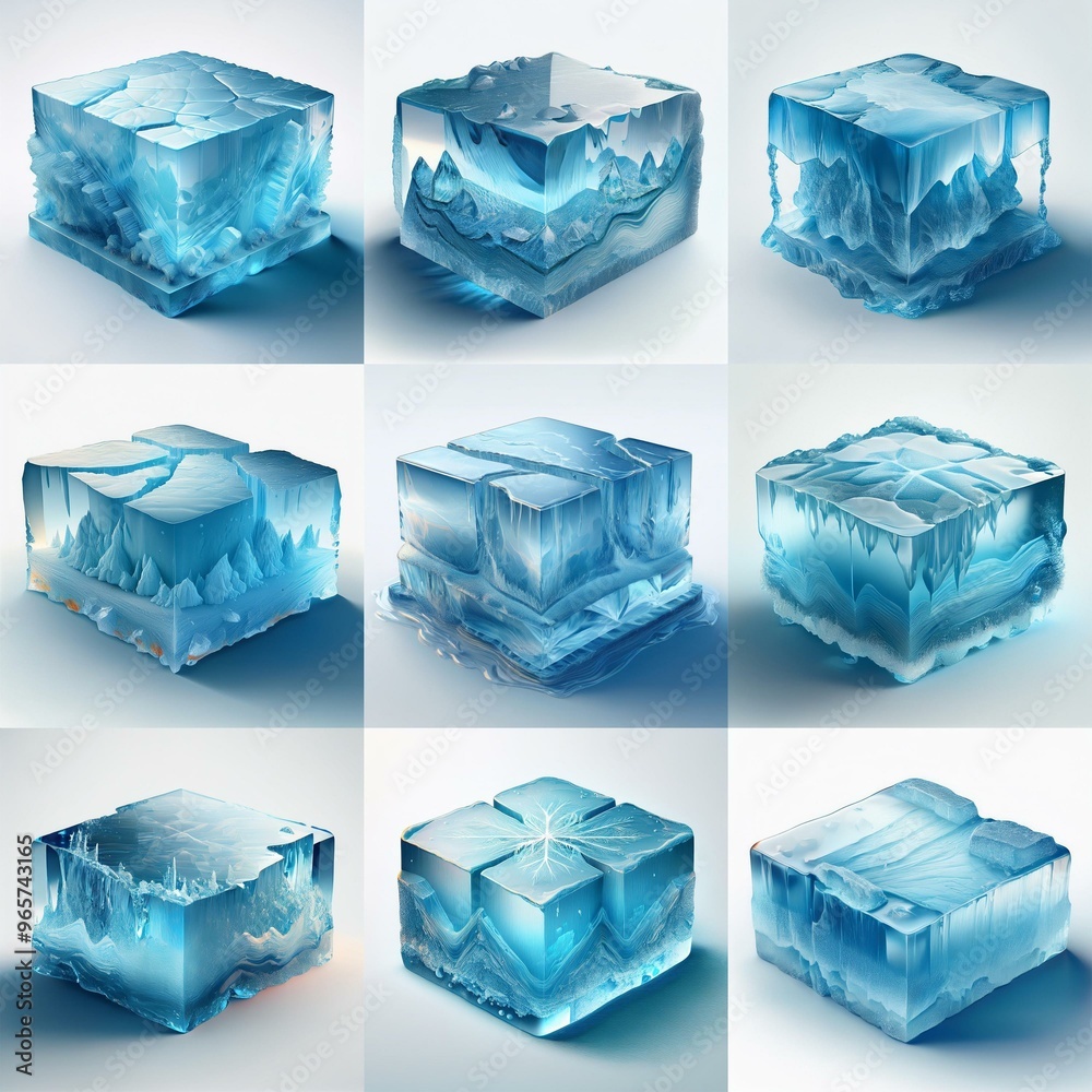 Poster Nine square blocks of ice with various patterns of internal cracks, frozen water droplets, and different formations of ice crystals.