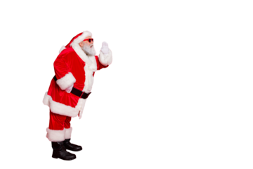 Full body photo of modern in coat gloves cuffs fur grey-haired cheerful optimistic St Nicholaus calling his elf helpers deer reindeer to help in workshop isolated bright background