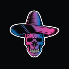 Skull in a sombrero. Dia De Los Muertos. Original vector illustration in vintage style isolated on black background. T-shirt design.