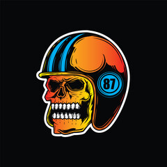 Zombie skull wearing a motorcycle helmet. Original vector illustration in vintage style isolated on black background. T-shirt design.