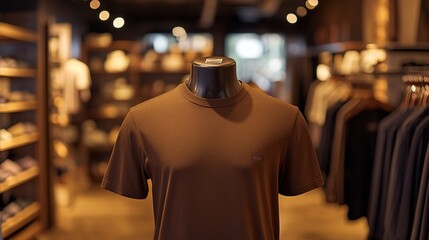 Obraz premium Brown t-shirt displayed on black mannequin in warmly lit clothing store with shelves in background.